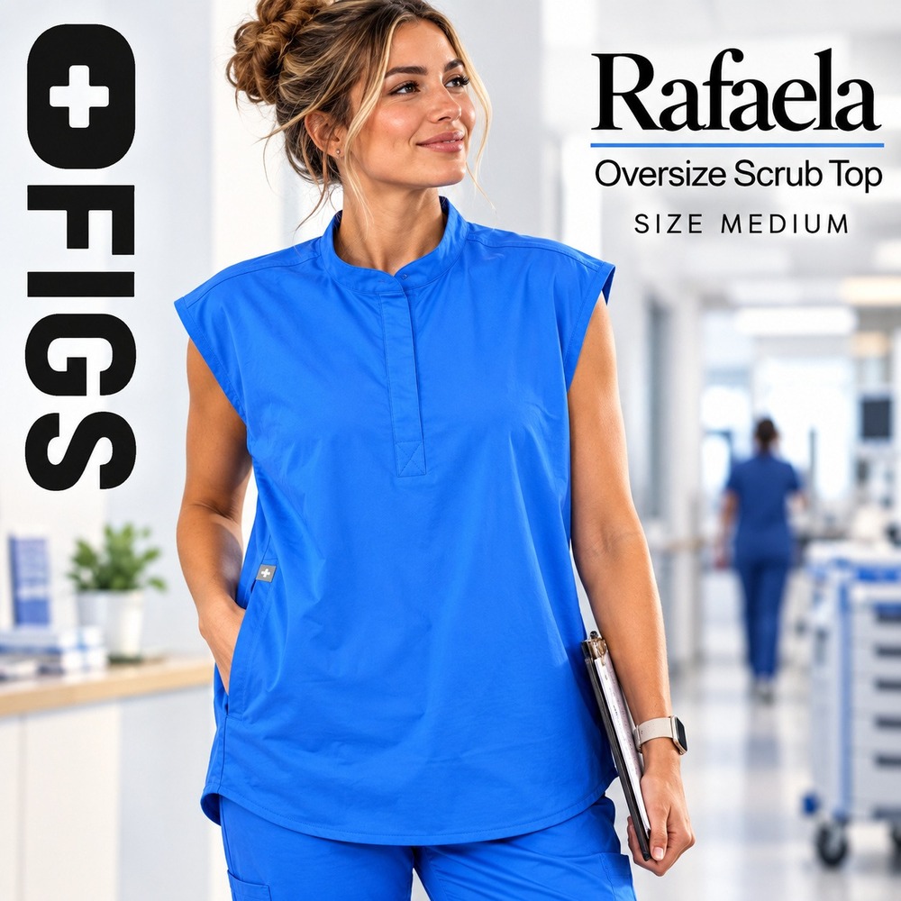 FIGS Rafaela Oversized Scrub Top Women M Blue Sleeveless Pockets Medical Nurse